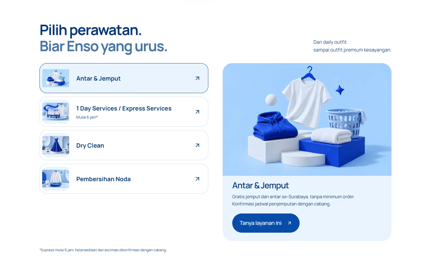 Four Enso service categories and a pickup and delivery detail panel in the desktop draft.