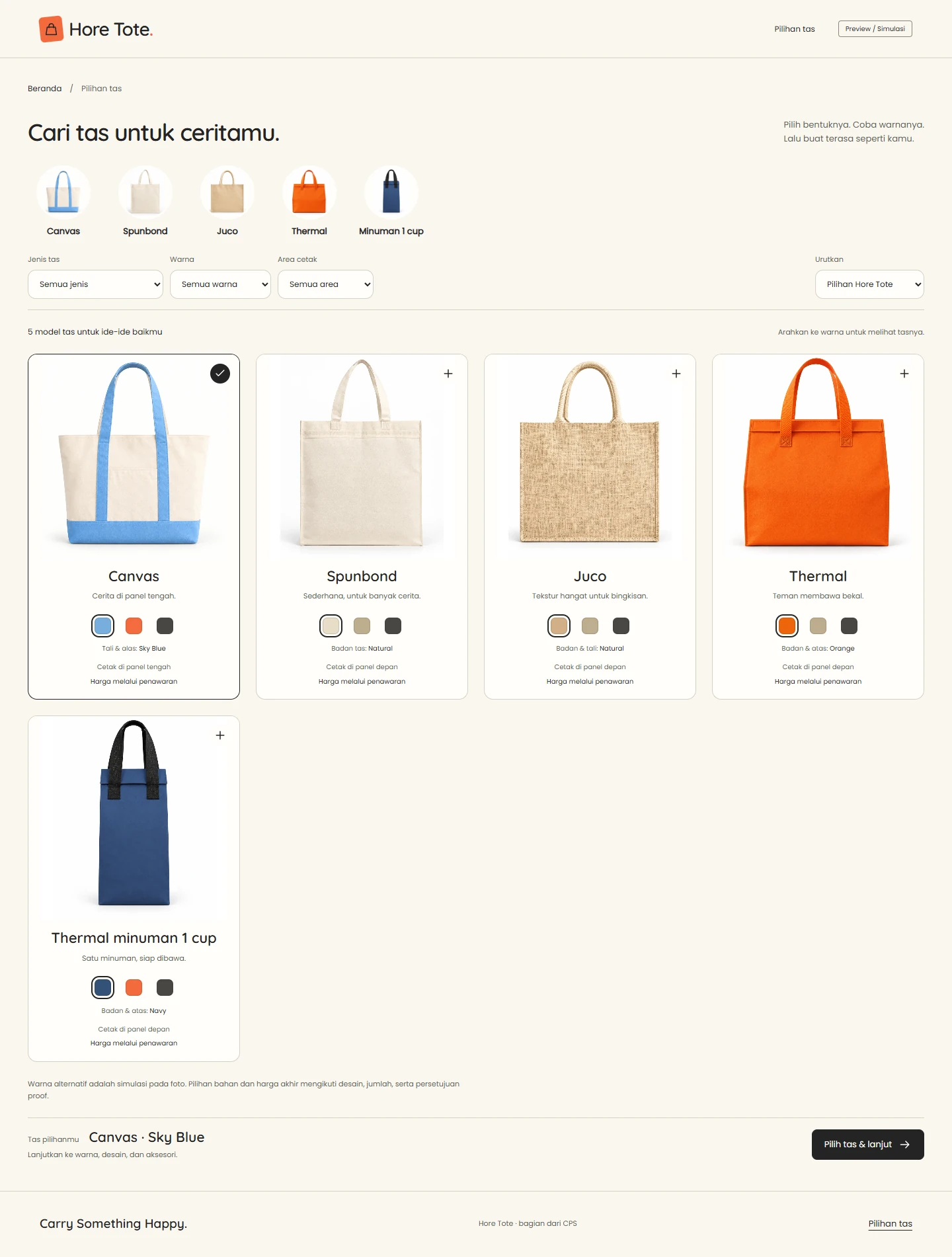 Hore! Tote prototype catalog with five bag models, filters, and color options.