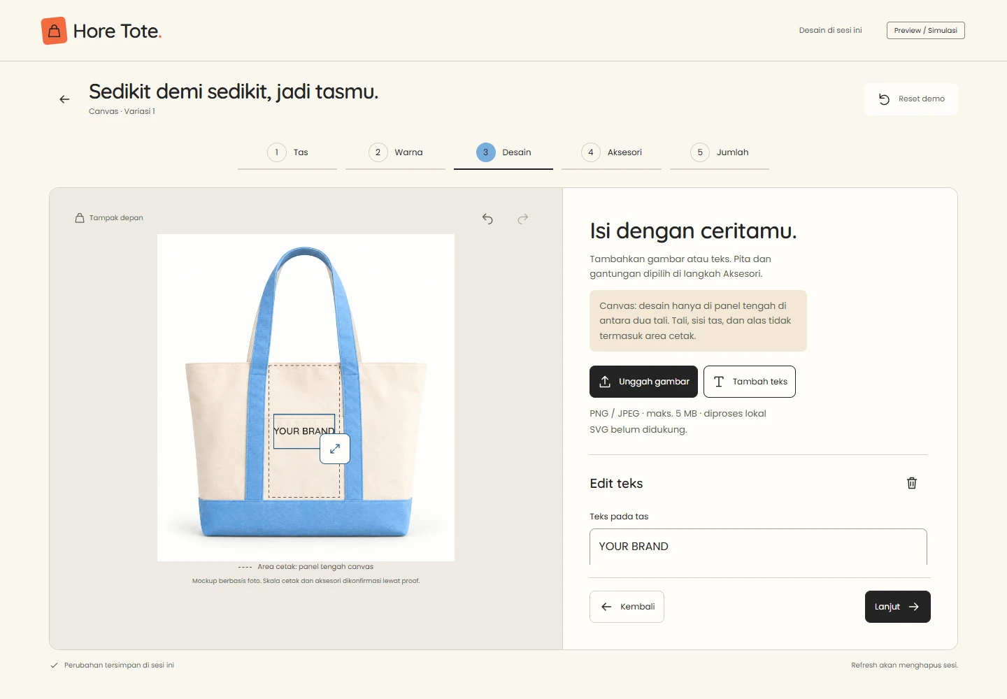 Canvas editor with YOUR BRAND text in the central print panel between the straps.