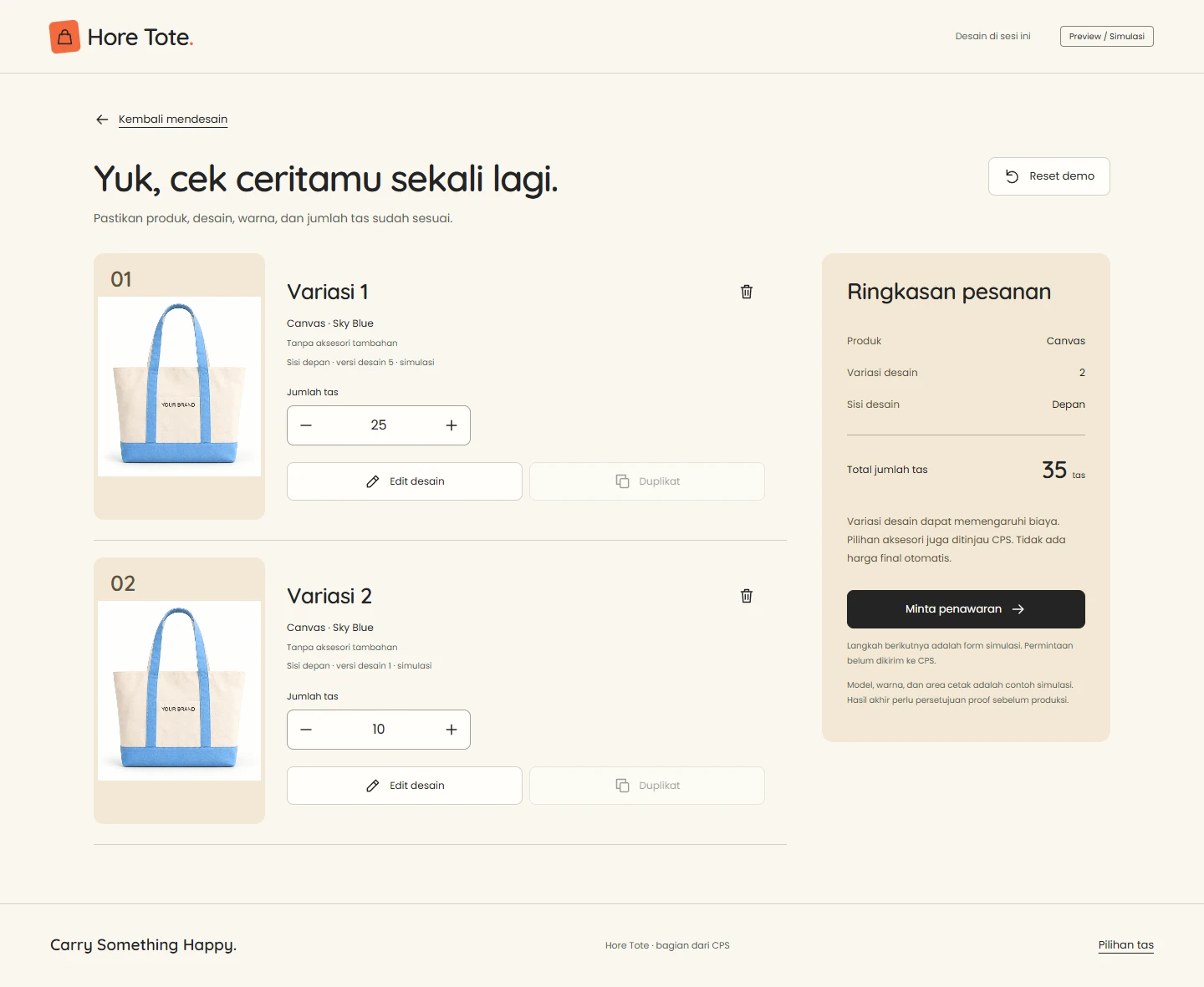 Summary of two tote variations with test quantities of 25 and 10 bags, totaling 35.
