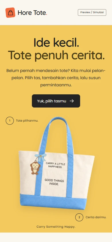 Hore! Tote prototype mobile homepage with a tote photo and bag-selection button.