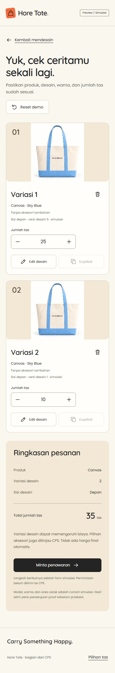 Mobile summary of two sample tote variations and the total bag quantity.