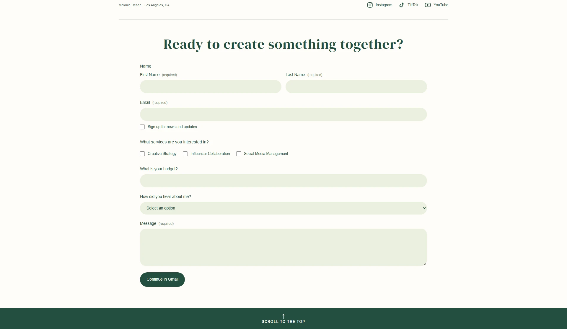 Collaboration form in the screenshot, with service choices and a project requirements field.