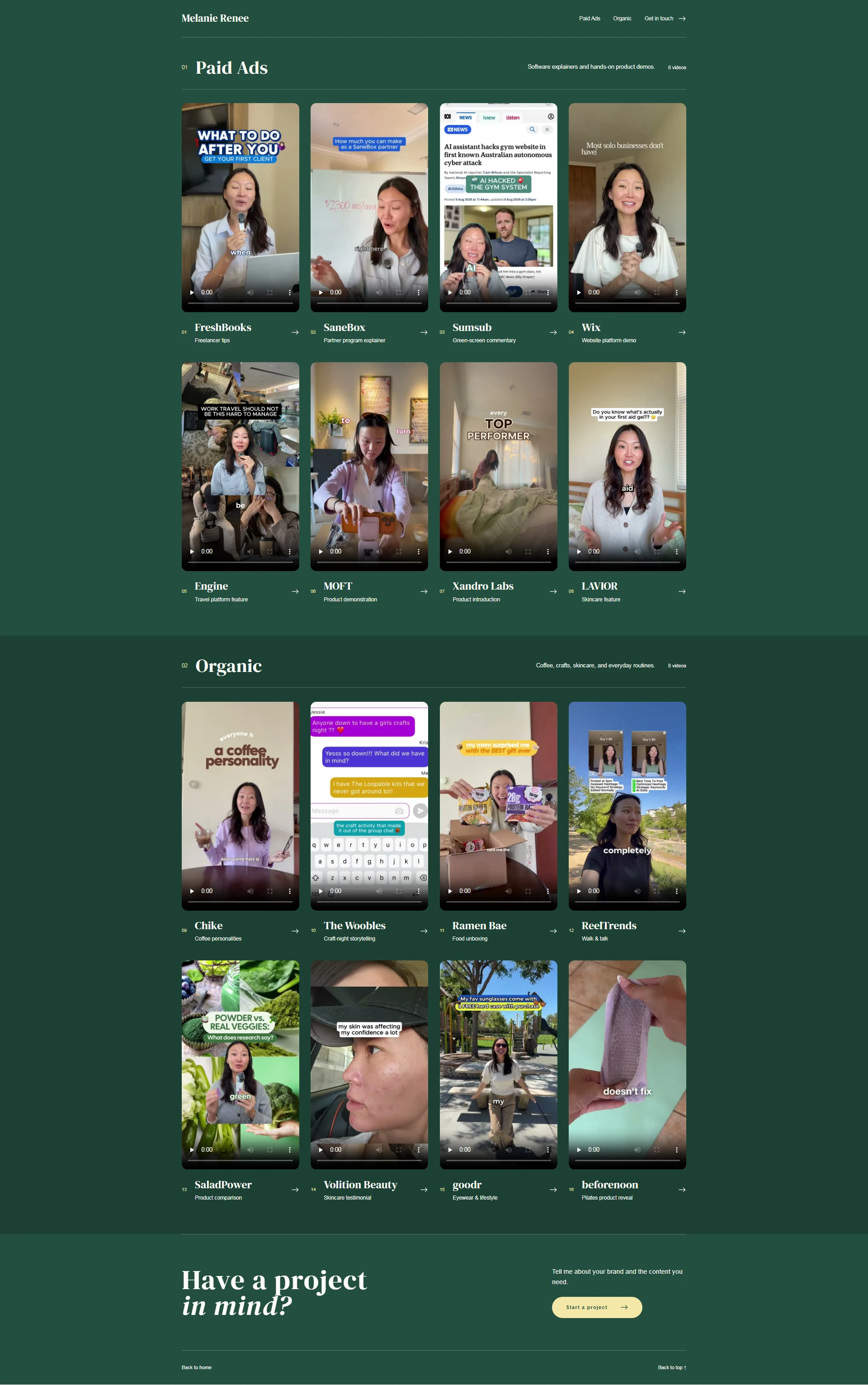 UGC gallery with Paid Ads and Organic work previews on an ivory background.