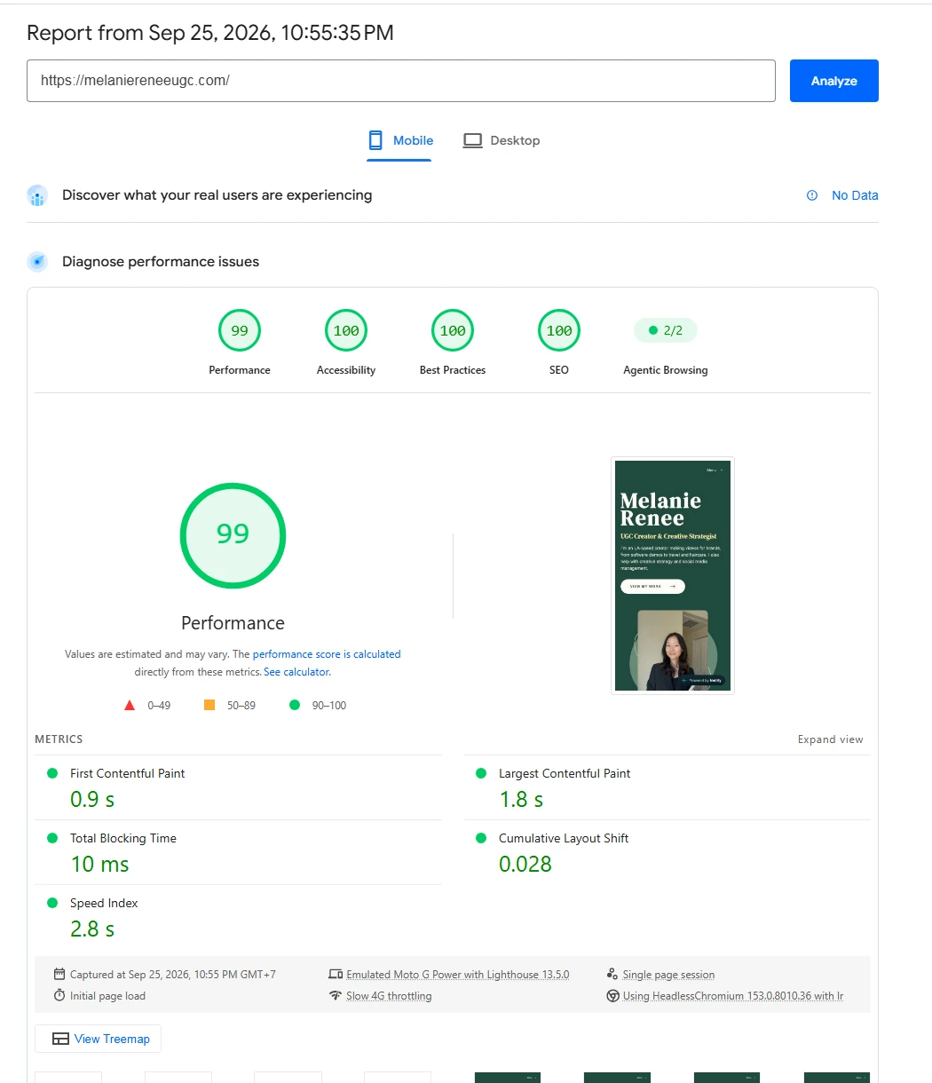 Mobile PageSpeed report crop after the redesign, showing a Performance score of 99 and five lab metrics.