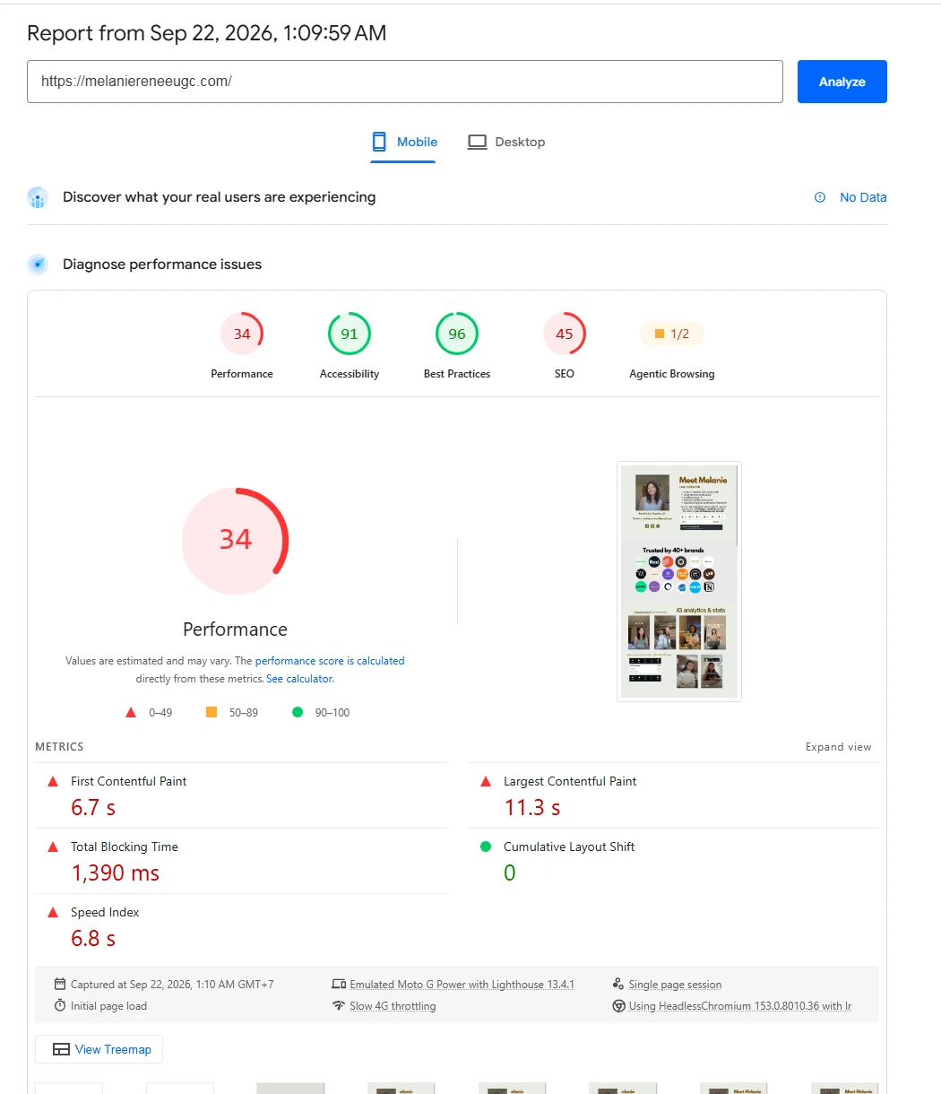Mobile PageSpeed report crop before the redesign, showing a Performance score of 34 and five lab metrics.