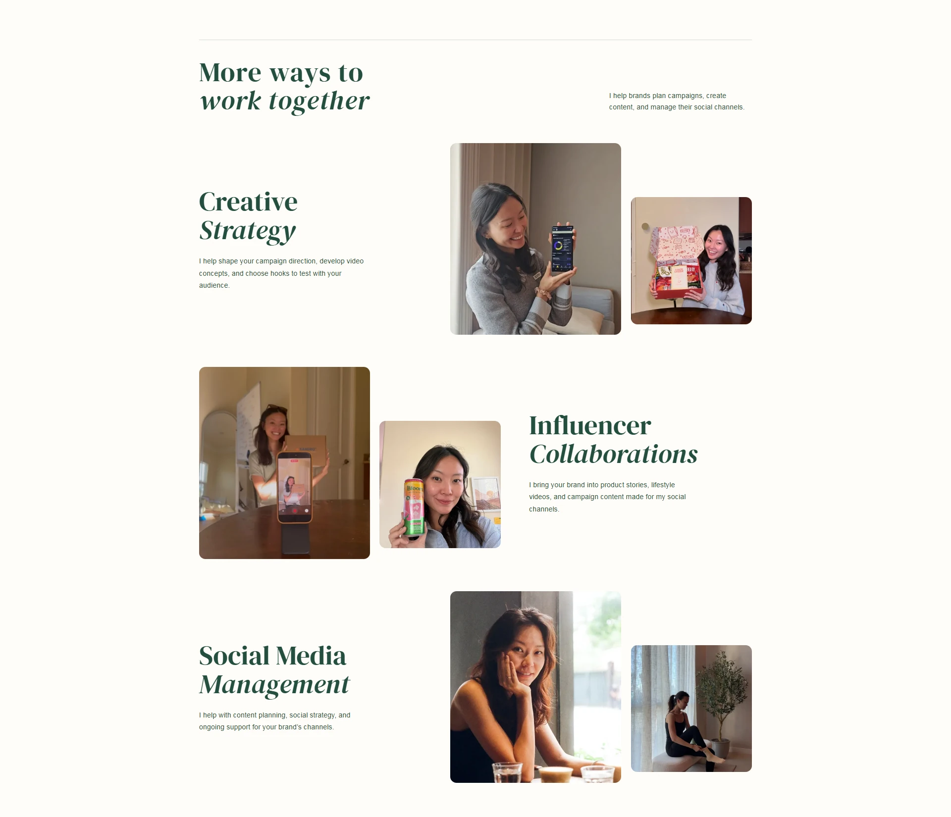 Three service sections with descriptions and paired photos on the redesigned homepage.